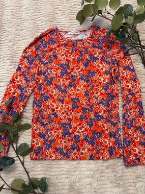 Kettlewell Women’s Orange Floral Blouse with Blue Accent Flowers XS  LIKE NEW